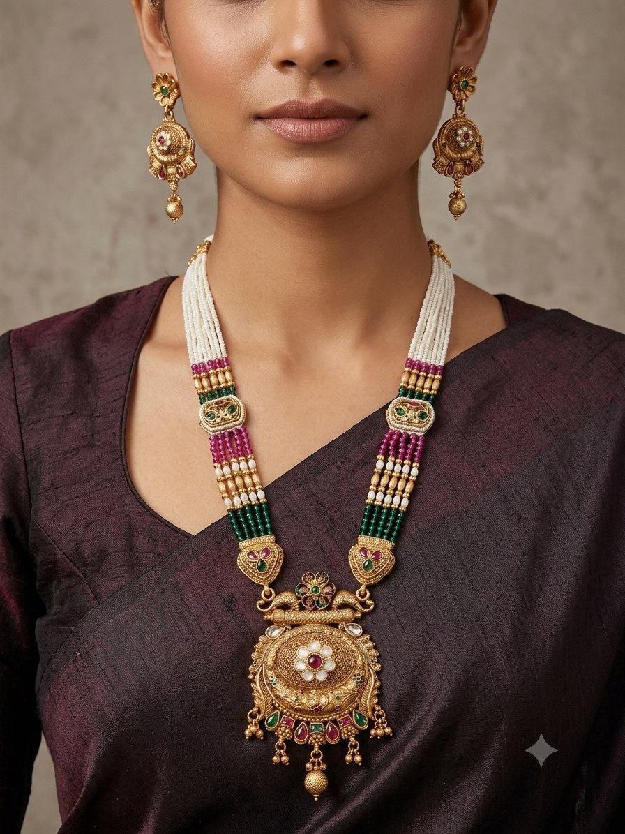 KS01428_0230350MLT_WEBSITE_A Antique Gold Kundan Long Haar Necklace Set with Pearl Beads & Jhumka Earrings | Wholesale Bridal Jewellery Supplier - Image 1