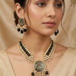 Kundan Meenakari Peacock Pendant Necklace Set with Black Beads & Pearl Drops – Gold Plated Bridal Jewellery Set for Women