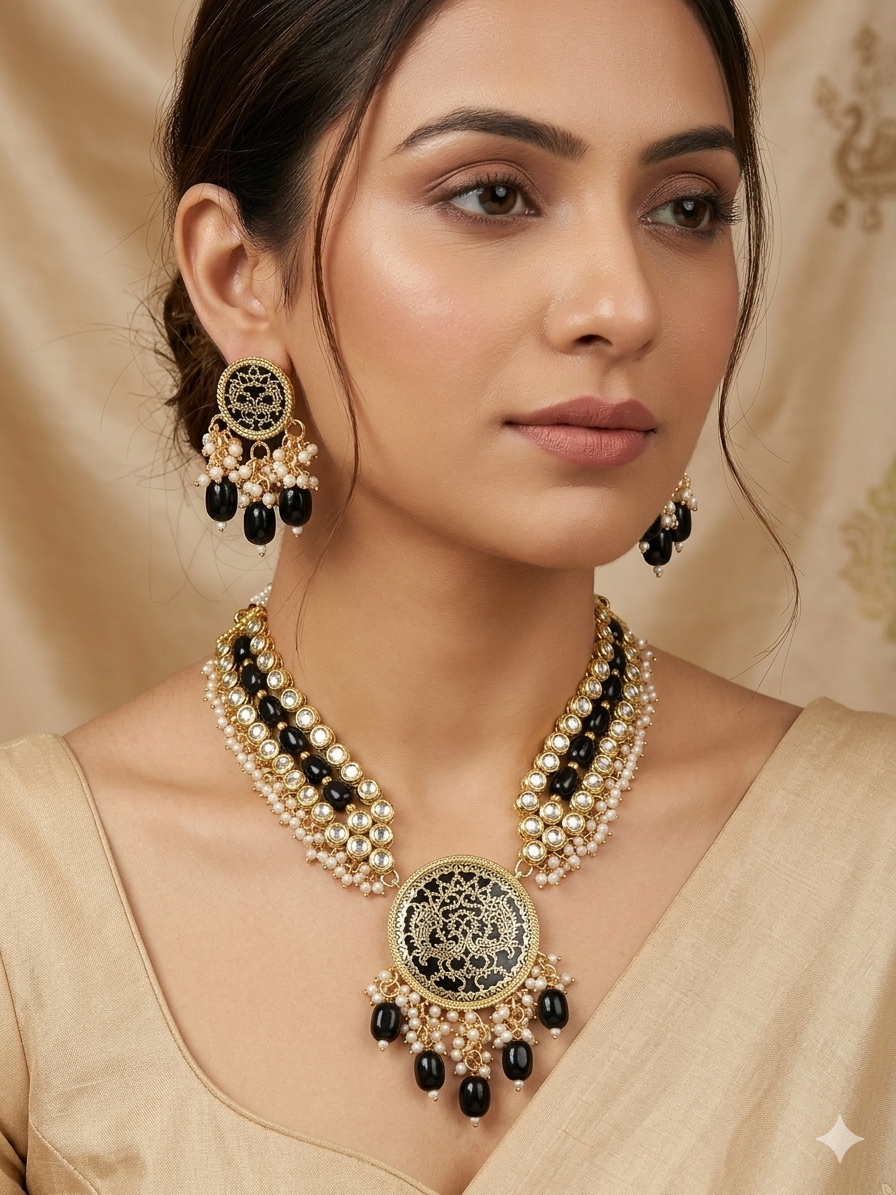 KS01430_080350BK_AARNAA_A Kundan Meenakari Peacock Pendant Necklace Set with Black Beads & Pearl Drops – Gold Plated Bridal Jewellery Set for Women - Image 1