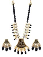 Kundan Meenakari Beads Long Necklace Set with Fan-Shaped Pendant & Pearl Drops – Gold Plated Rajwadi Bridal Jewellery Set for Women - Image 2