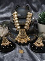 Kundan Meenakari Beads Long Necklace Set with Fan-Shaped Pendant & Pearl Drops – Gold Plated Rajwadi Bridal Jewellery Set for Women - Image 3