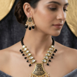 Kundan Meenakari Beads Long Necklace Set with Fan-Shaped Pendant & Pearl Drops – Gold Plated Rajwadi Bridal Jewellery Set for Women