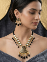 Kundan Meenakari Beads Long Necklace Set with Fan-Shaped Pendant & Pearl Drops – Gold Plated Rajwadi Bridal Jewellery Set for Women
