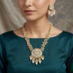 Gold-Plated Pearl Beaded Kundan Style Jewellery Set with Necklace & Earrings