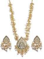 Gold-Plated White Enamel Kundan Pearl Long Haar Thewa Necklace and Earrings Jewellery Set - Image 3