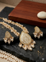 Gold-Plated White Enamel Kundan Pearl Long Haar Thewa Necklace and Earrings Jewellery Set - Image 2