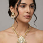 Gold-Plated White Enamel Kundan Pearl Long Haar Thewa Necklace and Earrings Jewellery Set