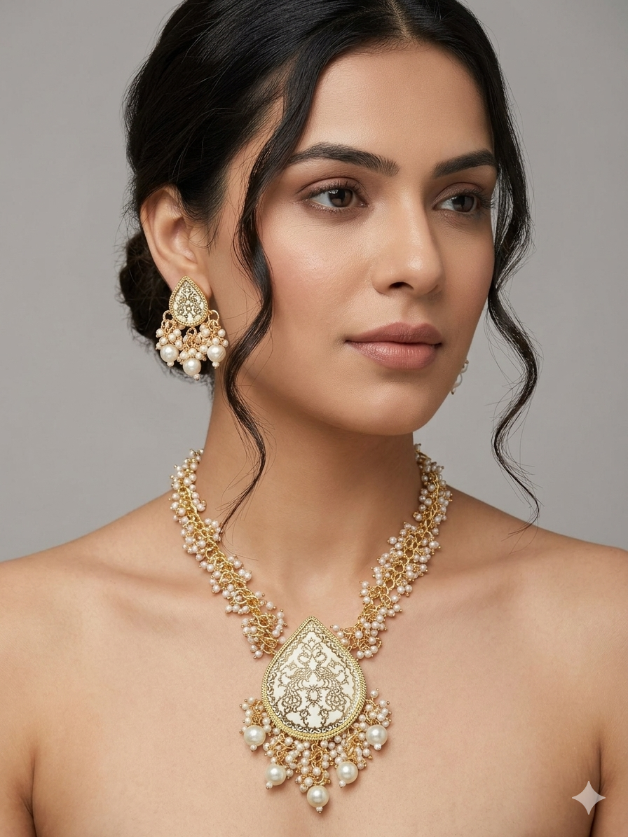 KS01434_080250W_AARNAA_A Gold-Plated White Enamel Kundan Pearl Long Haar Thewa Necklace and Earrings Jewellery Set - Image 1