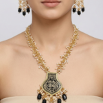 Gold-Toned Beaded Long Necklace Set with Enamel Thewa Pendant and Earrings