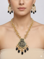 Gold-Toned Beaded Long Necklace Set with Enamel Thewa Pendant and Earrings