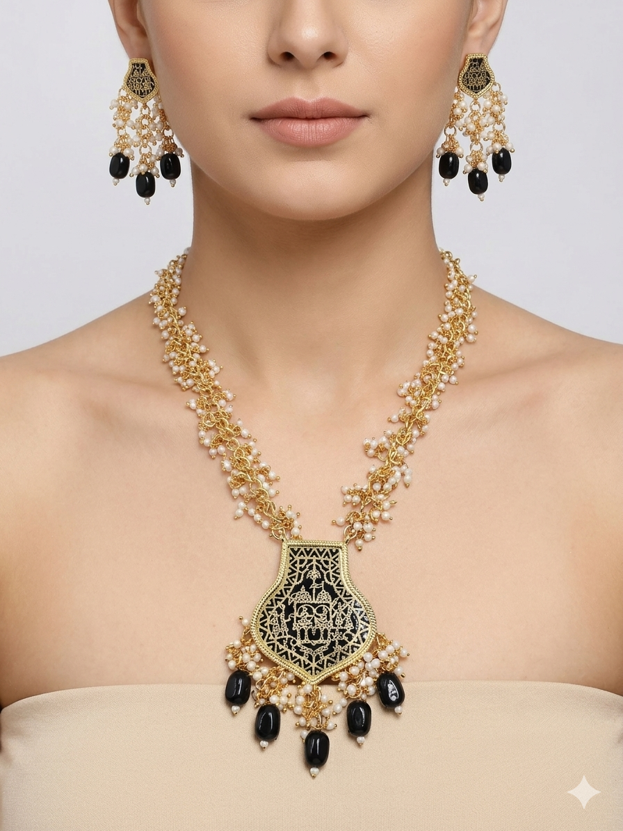 KS01435_080250BK_AARNAA Gold-Toned Beaded Long Necklace Set with Enamel Thewa Pendant and Earrings - Image 1