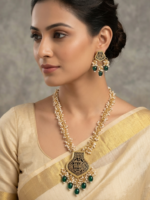 Gold-Toned Beaded Long Necklace Set with Enamel Thewa Pendant and Earrings - Image 4