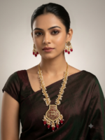 Gold-Toned Beaded Long Necklace Set with Enamel Thewa Pendant and Earrings - Image 3