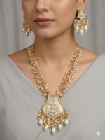 Gold-Toned Beaded Long Necklace Set with Enamel Thewa Pendant and Earrings - Image 2