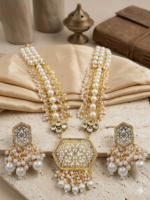 Gold Plated Kundan Pearl Necklace Set | Meenakari Bridal Jewelry Wholesale - Image 3