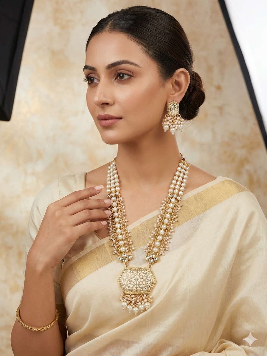 KS01436_080350W_AARNAA_A Gold Plated Kundan Pearl Necklace Set | Meenakari Bridal Jewelry Wholesale - Image 1